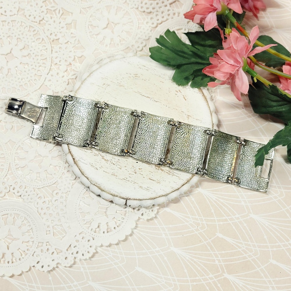 Vintage Coro Silver Tone Panel Bracelet Textured Branch Link Bracelet Signed - Picture 9 of 9
